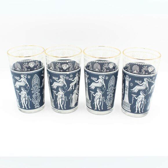 Vintage Set of 4 Jeannette Highball Glasses Corinthian Blue Greek Style Design - Picture 1 of 6